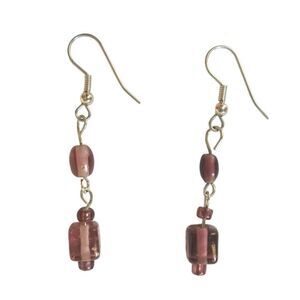 Vintage Red Glass Beaded Dangle Drop Earrings Silver Tone Hooks